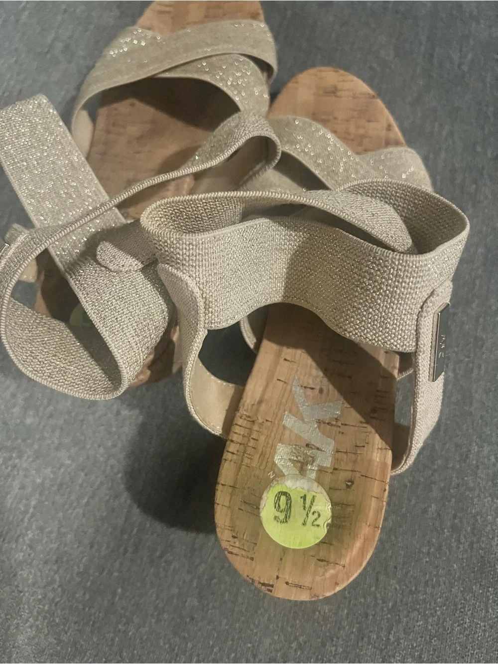 Anne Klein Natural Beige Elastic Crisscross Cork Wedge Sandals
